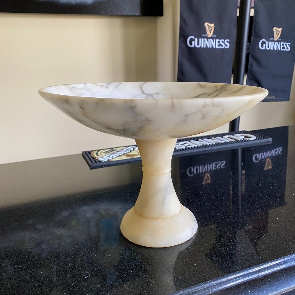 Vintage Italian Alabaster White Marble w/ Veins Tazza Compote Bowl Stand 3 parts